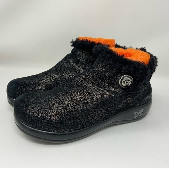 ALEGRIA black florets ankle boot, style#Mer-553. with faux fur. - Picture 2 of 9